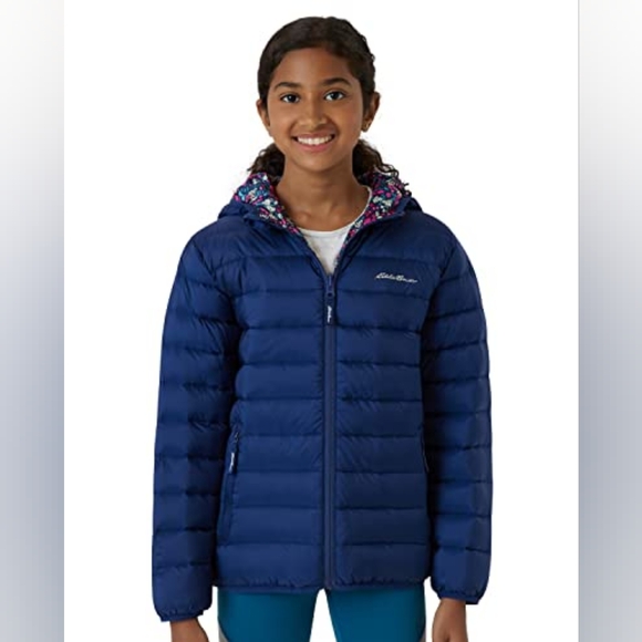 Eddie Bauer Reversible Down Jacket Girl M(10/12 ) Blue Floral Print Hooded Zip U